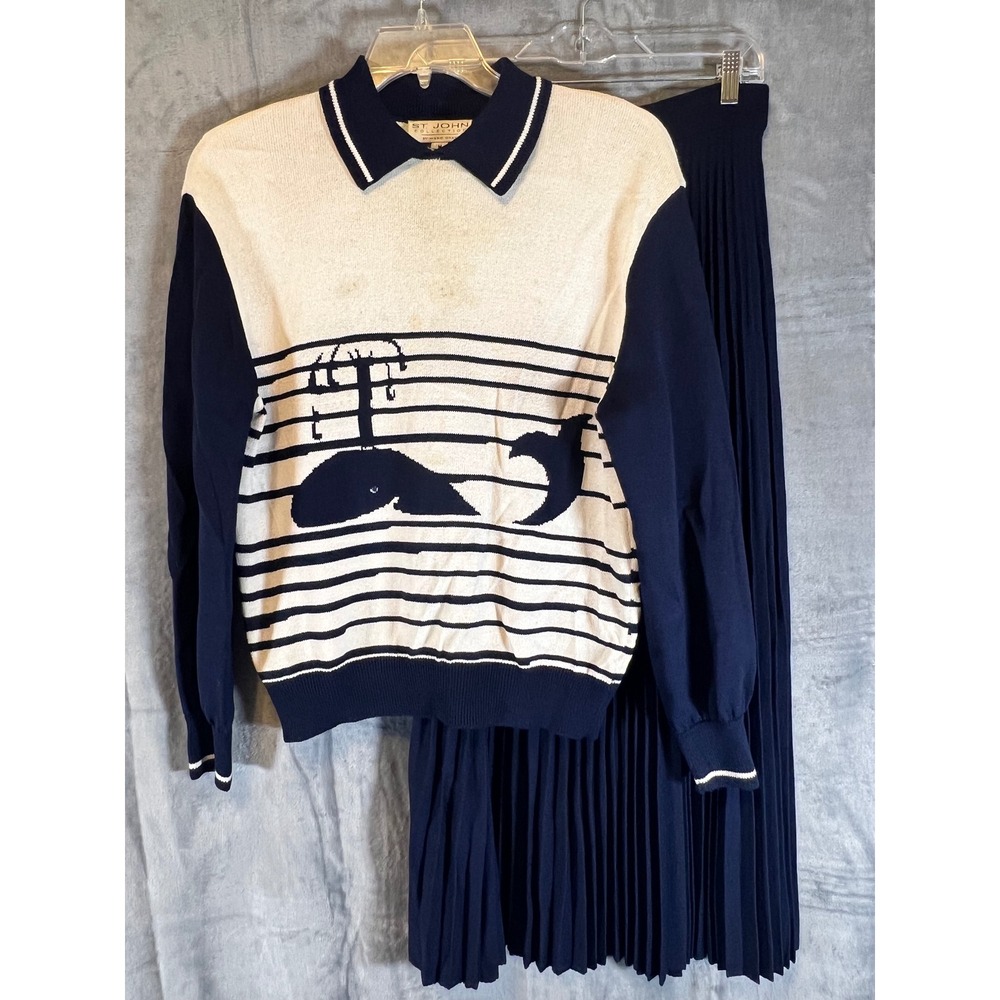 St. John Collection Knit Sweater Skirt Set Whale Nautical Marine Womens M 10 USA